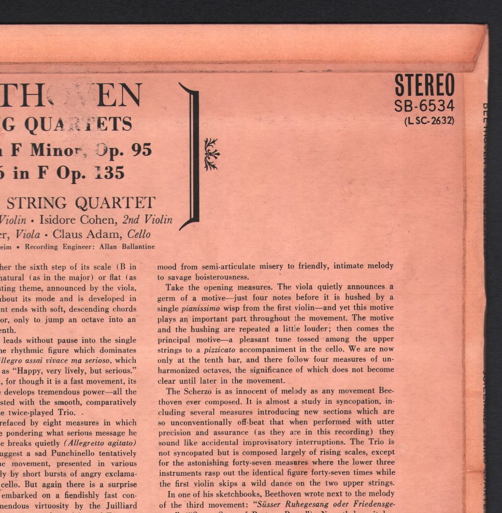 Juilliard String Quartet - Beethoven - Quartets In F Minor, Op. 95 · F Major, Op. 135 - Lp