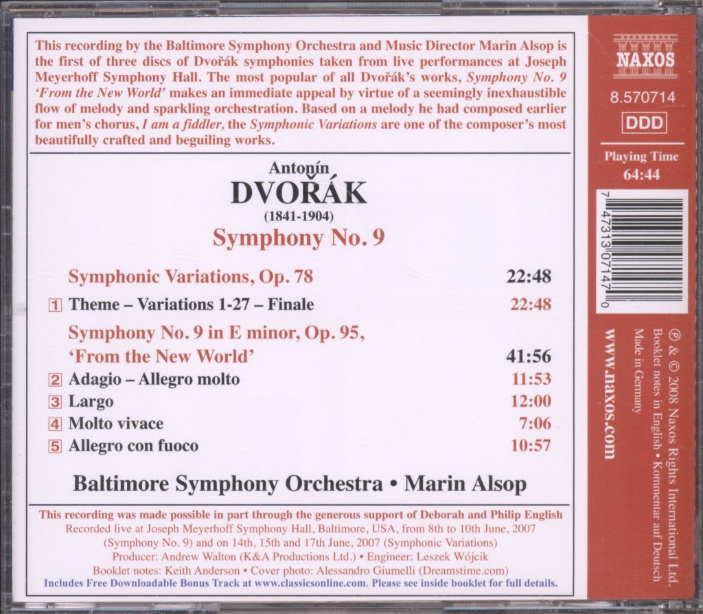Baltimore Symphony Orchestra, Marin Alsop - Dvorak - Symphony No. 9 'From The New World' • Symphonic Variations - Cd