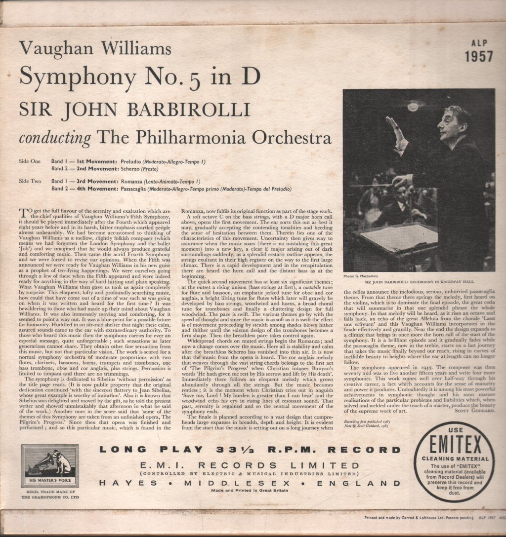 Sir John Barbirolli / Philharmonia Orchestra - Vaughan Williams - Symphony No.5 In D Major - Lp