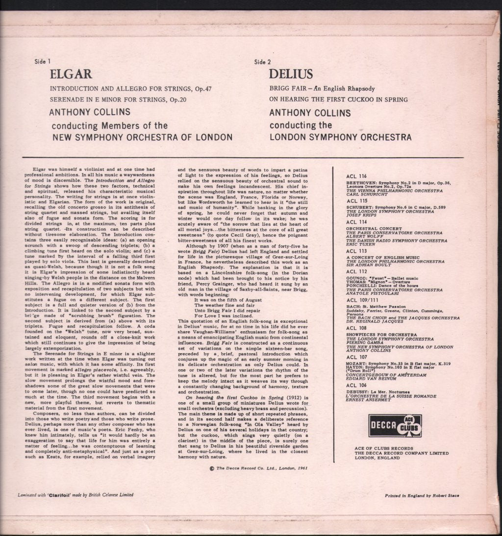 Anthony Collins / New Symphony Orchestra Of London / London Symphony Orchestra - Elgar - Introduction And Allegro For Strings, Serenade In E Minor For Strings / Delius - Brigg Fair - Lp