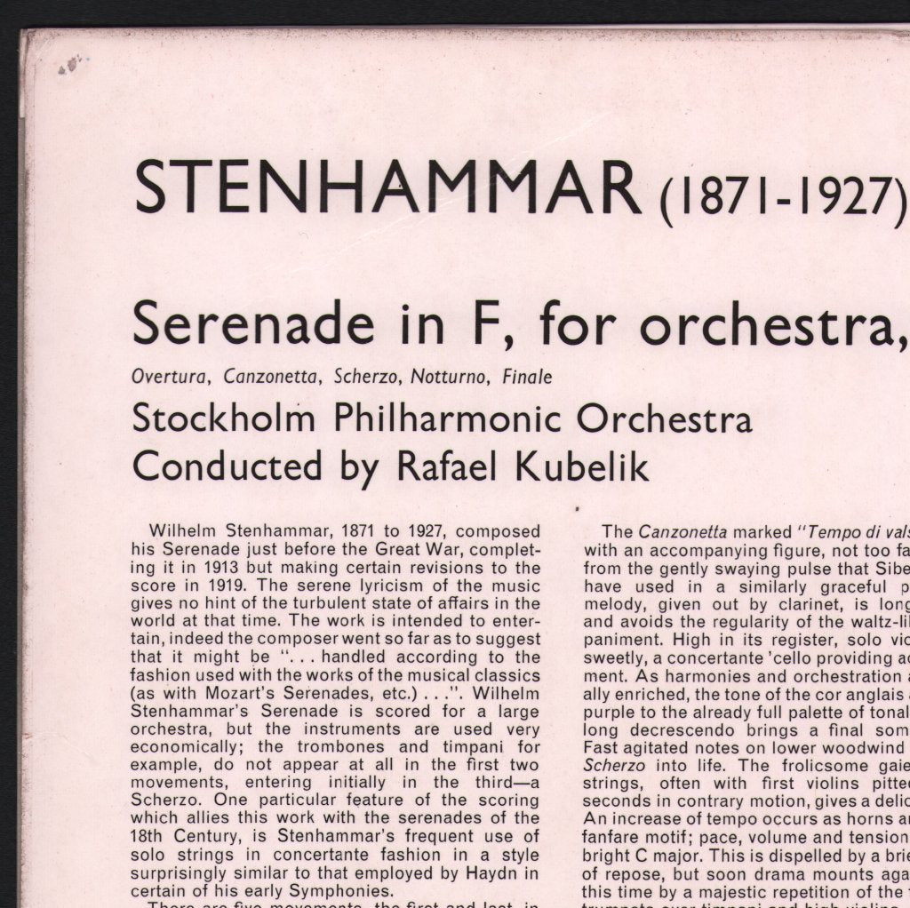Stockholm Philharmonic Orchestra / Rafael Kubelik - Stenhammar - Serenade In F For Orchestra - Lp