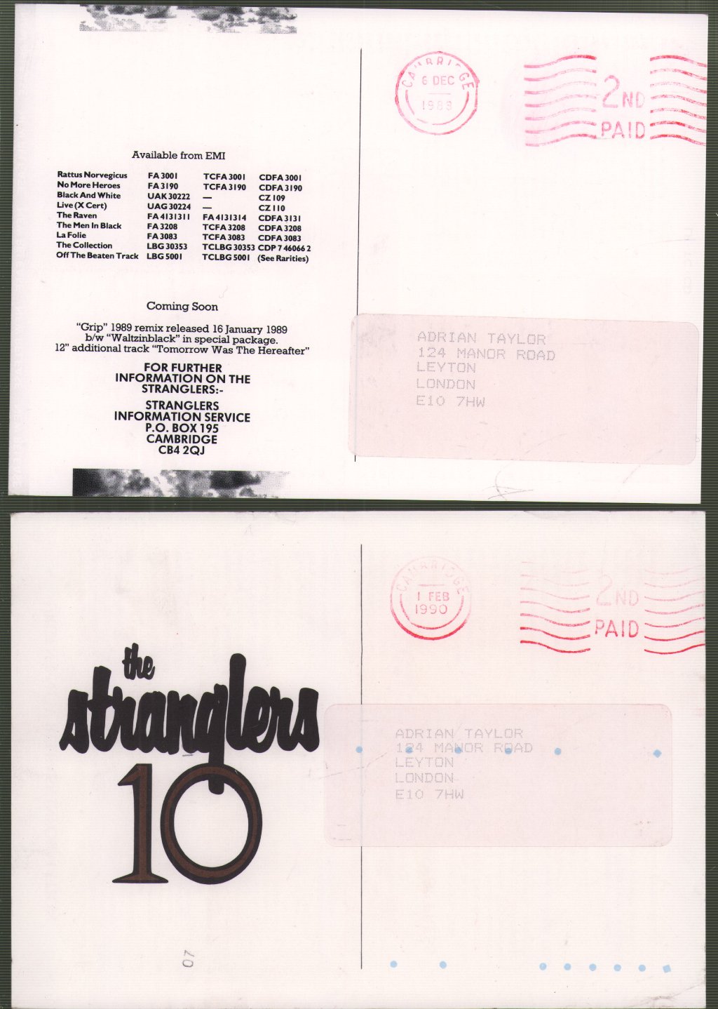 Stranglers - Set of 3 SIS fanclub postcards - Card