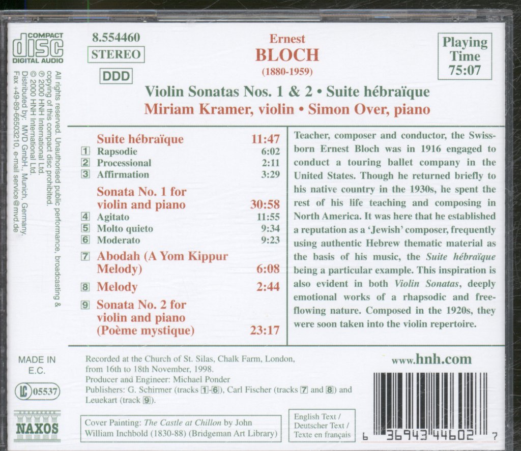 Miriam Kramer / Simon Over - Bloch - Violin Sonatas Nos. 1 & 2 • Suite Hébraïque - Cd