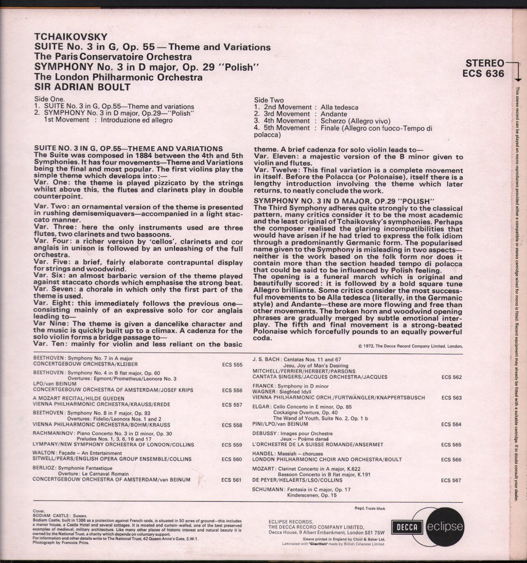 Sir Adrian Boult / London Philharmonic - Tchaikovsky - Suite No.3 - Theme And Variations / Symphony No.3 - "Polish" - Lp
