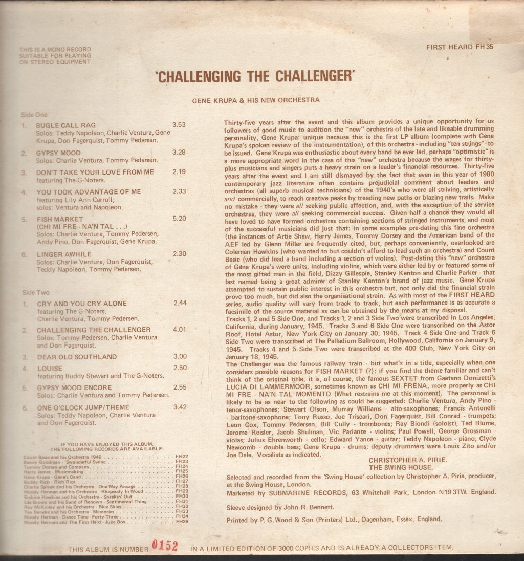 Gene Krupa And His New Orchestra - Challenging The Challenger - Lp