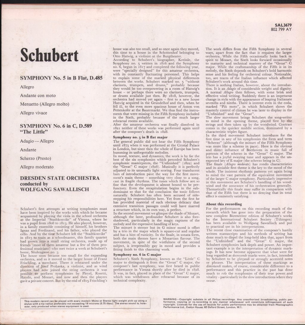 Wolfgang Sawallisch / Dresden State Orchestra - Schubert - Symphony No. 5 In B Flat, D.485 / Symphony No. 6 In C, D.589 (“The Little”) - Lp