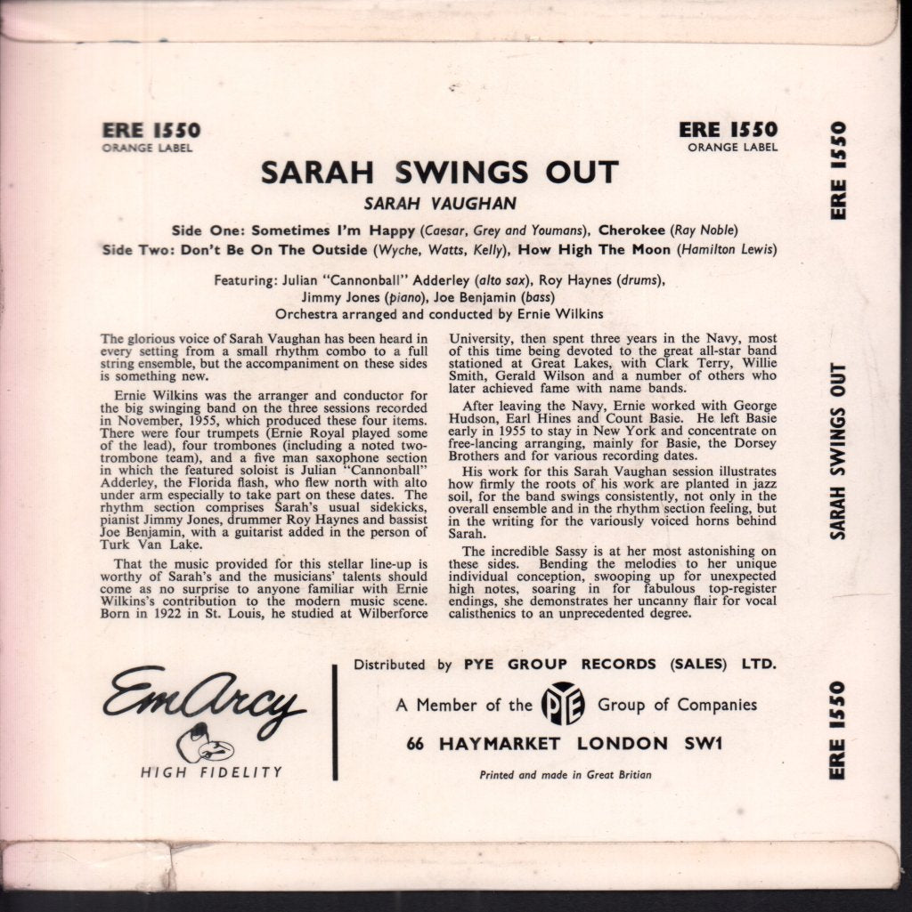Sarah Vaughan - Sarah Swings Out - 7 Inch