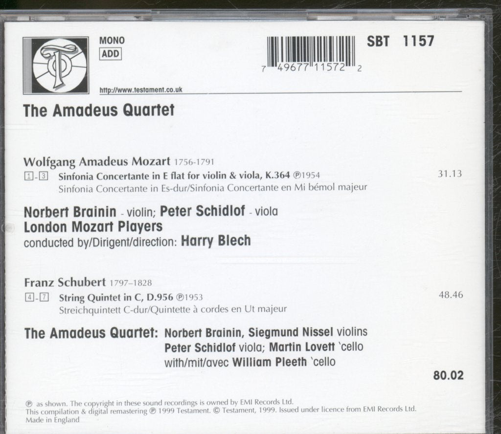 Amadeus String Quartet - Mozart / Schubert - Sinfonia Concertante /String Quintet - Cd