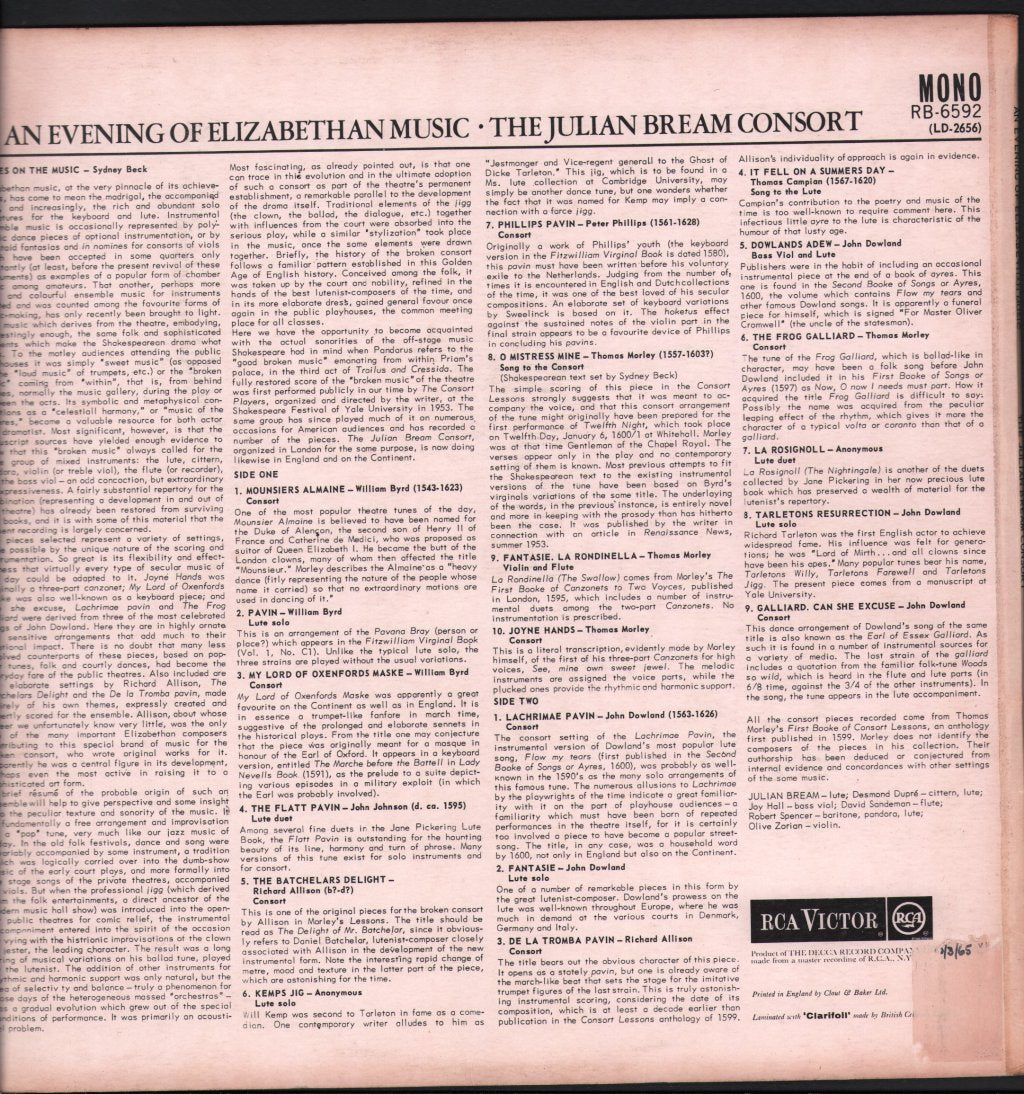 Julian Bream Consort - An Evening Of Elizabethan Music - Lp