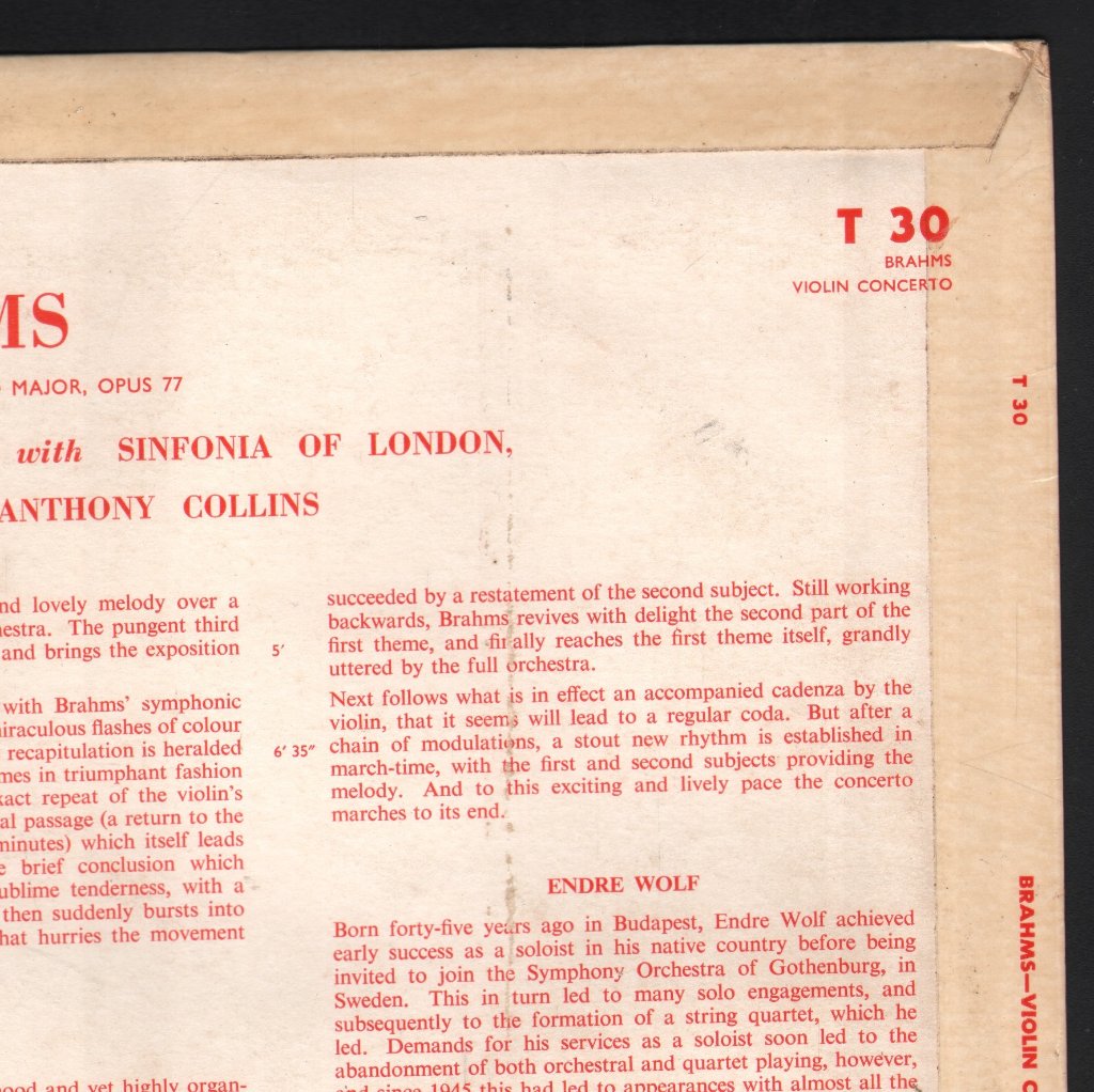 Endre Wolf / Anthony Collins / Sinfonia Of London - Brahms - Concerto For Violin And Orchestra In D Major - Lp