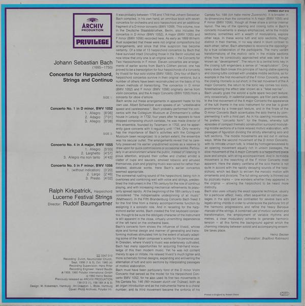 Ralph Kirkpatrick / Lucerne Festival Strings / Rudolf Baumgartner - Johann Sebastian Bach - Harpsichord Concertos In D Minor / A Major / F Minor - Lp