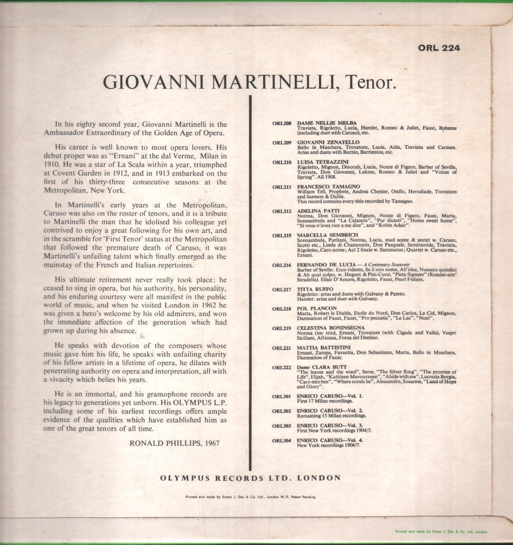 Giovanni Martinelli - Giovanni Martinelli, Tenor - Lp