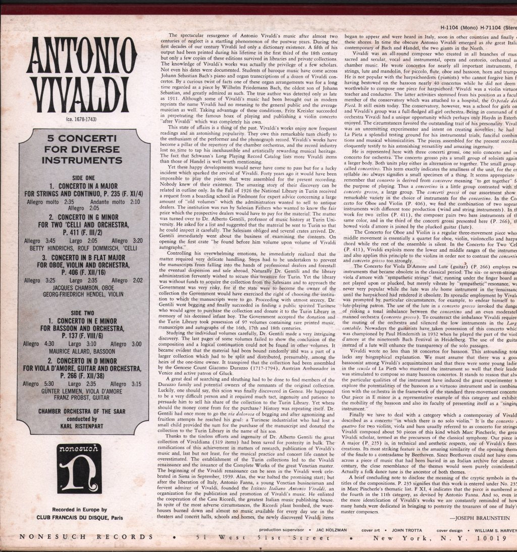 Chamber Orchestra Of The Saar / Karl Ristenpart - Antonio Vivaldi - 5 Concerti For Diverse Instruments - Lp