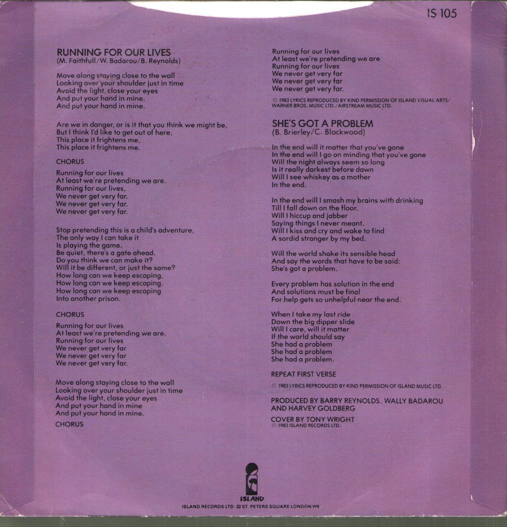 Marianne Faithfull - Running For Our Lives - 7 Inch