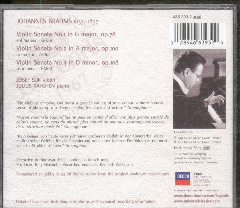 Josef Suk, Julius Katchen - Brahms - Violin Sonatas - Cd