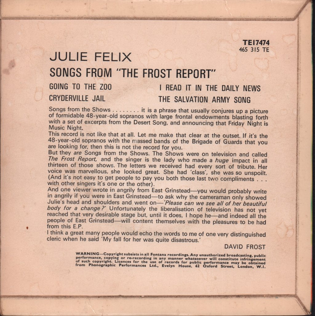 Julie Felix - Songs From The Frost Report - 7 Inch