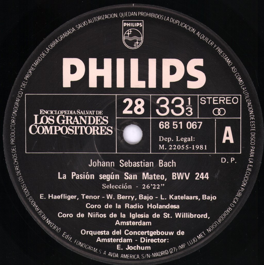 Eugen Jochum / Orquesta Del Concertgebouw De Amsterdam - J. S. Bach - La Pasion Segun San Mateo, Selección - Lp