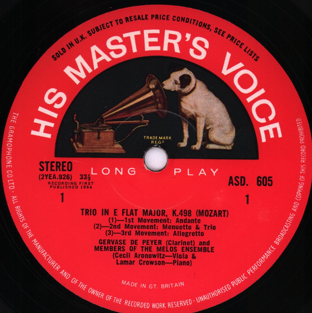 Gervase de Peyer with members of the Melos Ensemble - Mozart - Trio In E Flat Major, K.498; Quintet In A Major, K.581 - Lp