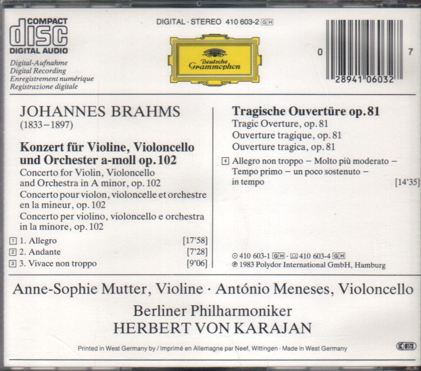 Anne-Sophie Mutter / Antonio Meneses / Herbert Von Karajan - Johannes Brahms Doppelkonzert - Double Concerto - Cd