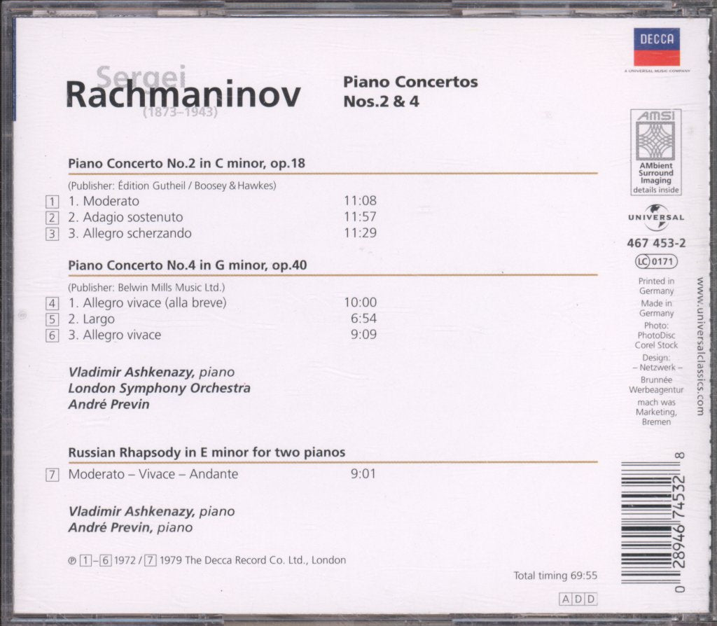Vladimir Ashkenazy / London Symphony Orchestra / André Previn - Piano Concertos Nos.2 & 4 - Cd