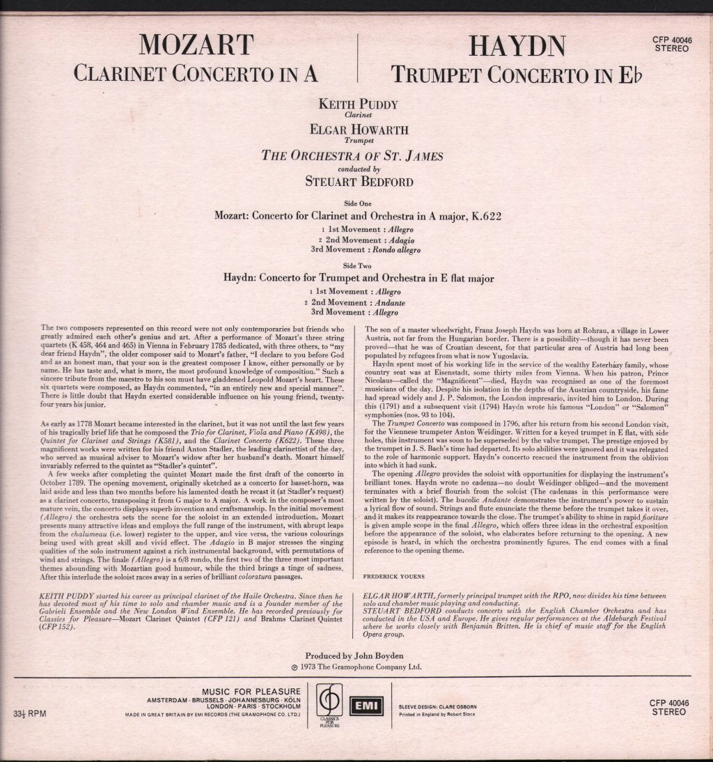 Keith Puddy / Elgar Howarth / Orchestra of St. James / Steuart Bedford - Mozart Clarinet Concerto in A / Haydn - Trumpet Concerto in E flat - Lp