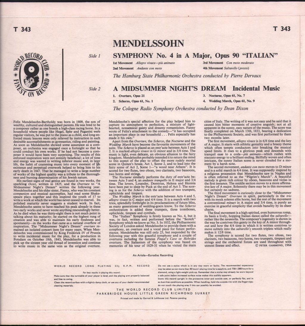 Hamburg State Philharmonic Orchestra / Pierre Dervaux - Mendelssohn - A Midsummer Night's Dream / Symphony No.4 [Italian] - Lp