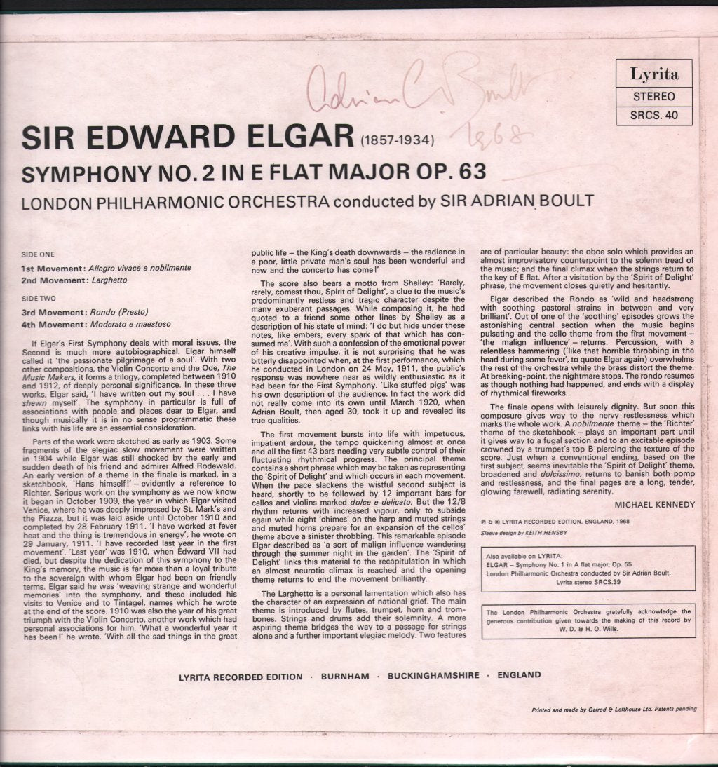 Sir Adrian Boult - Elgar - Symphony No.2 In E Flat - Lp