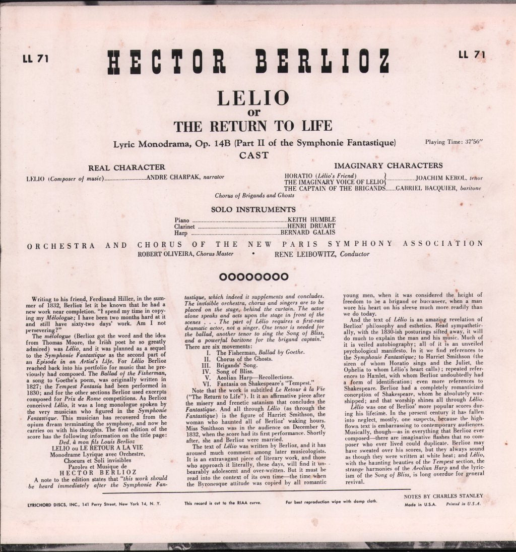 Orchestra and Chorus Of The New Paris Symphony / Rene Leibowitz - Berlioz - Lelio Or The Return To Life - Lp