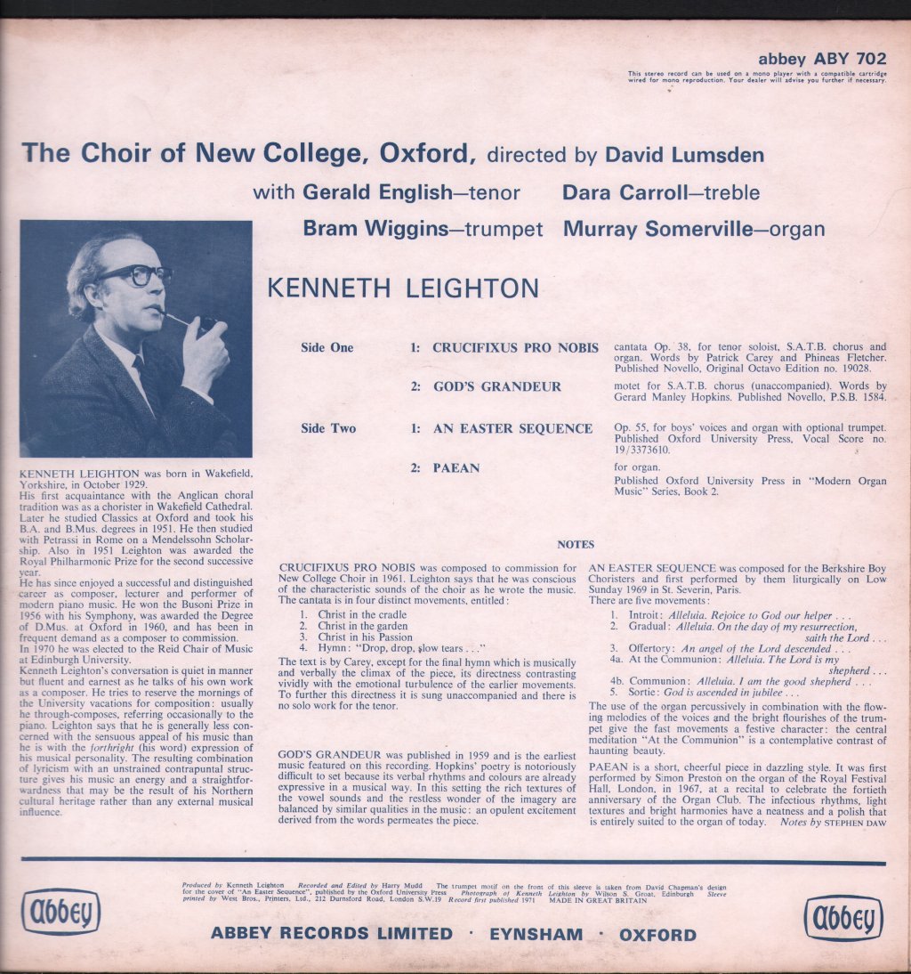 Choir Of New College, Oxford / David Lumsden - Music Of Kenneth Leighton - Lp