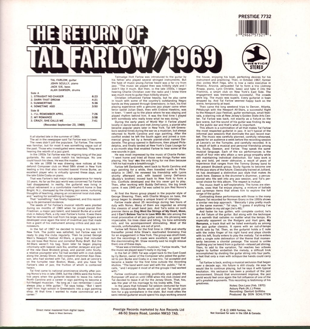 Tal Farlow - Return Of Tal Farlow / 1969 - Lp