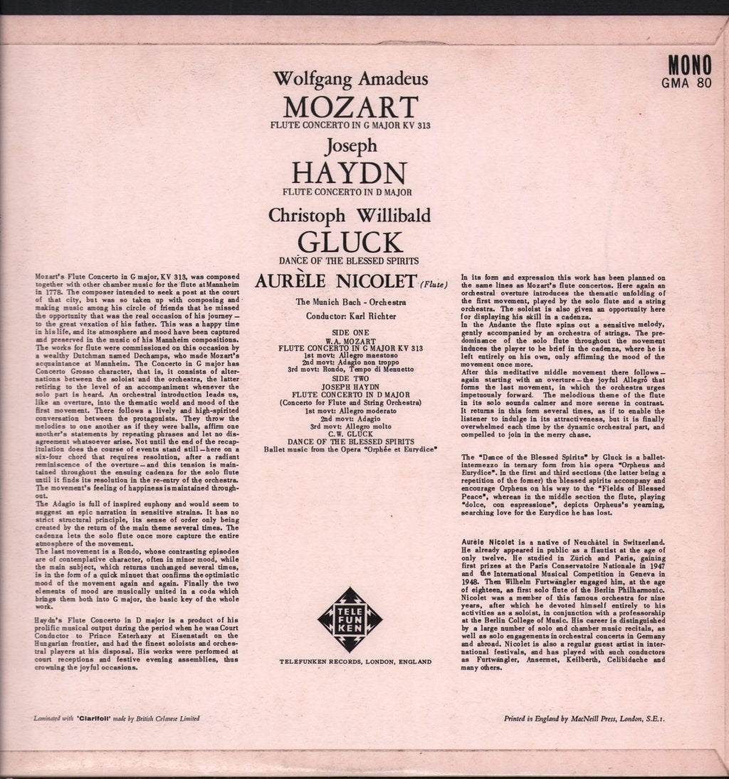 Aurele Nicolet / Karl Richter / Munich-Bach Orchestra - Mozart - Flute Concerto in G, KV 313 / Haydn - Flute Concerto in D / Gluck - Lp