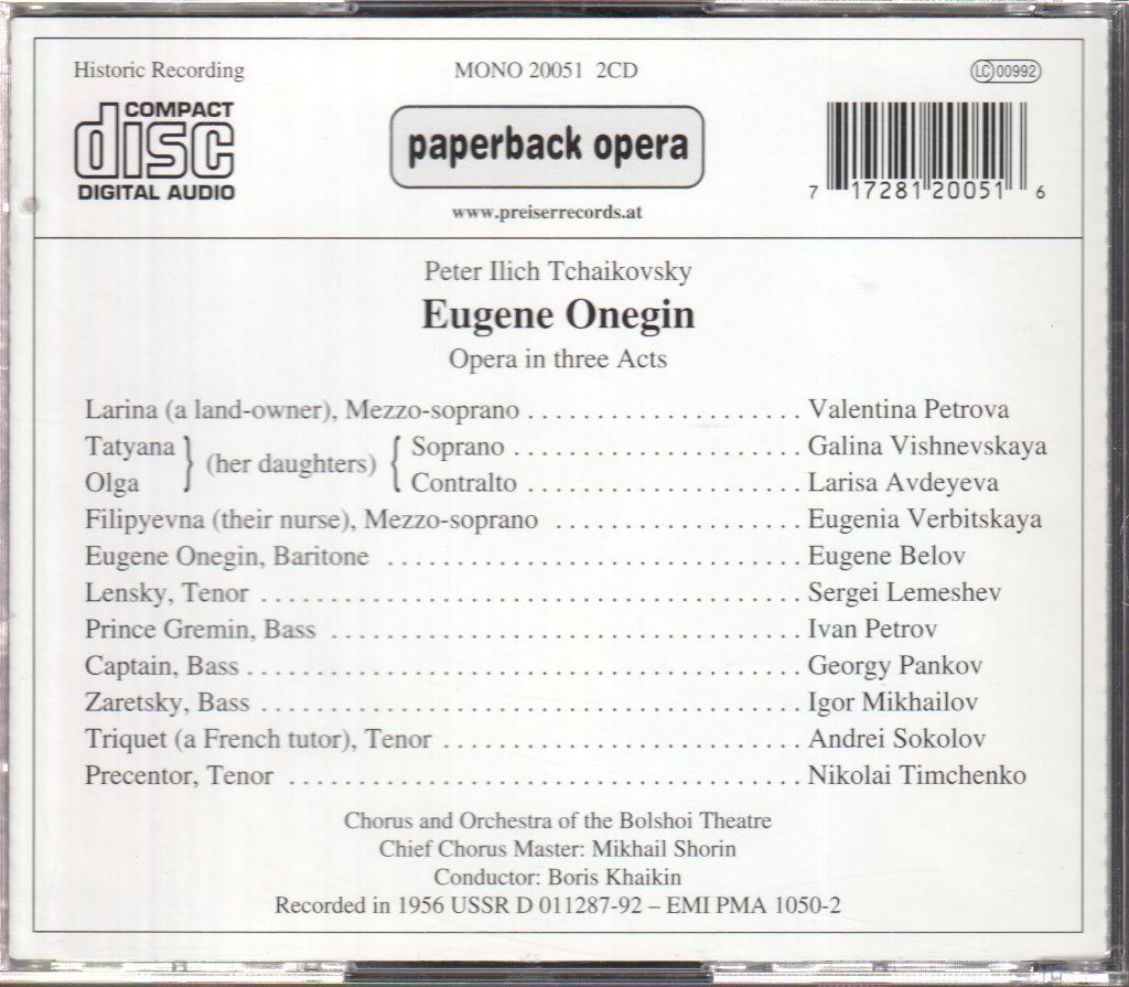 Bolshoi Theatre Chorus And Orchestra, Boris Khaikin - Tchaikovsky - Eugene Onegin - Double Cd