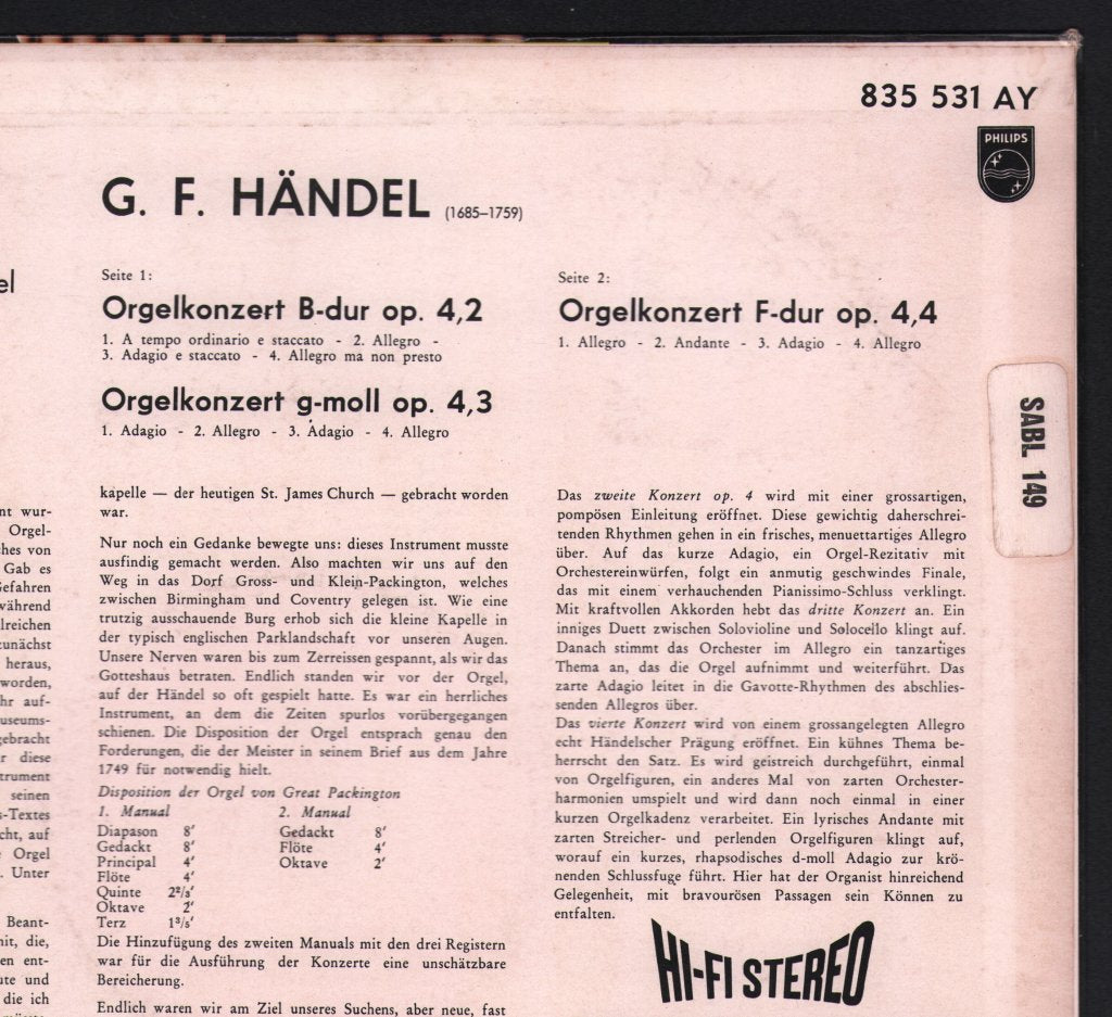 E. Power Biggs / Sir Adrian Boult / London Philharmonic Orchestra - Organ Concertos Of Handel (Op. 4 Nos. 2, 3, 4) - Lp