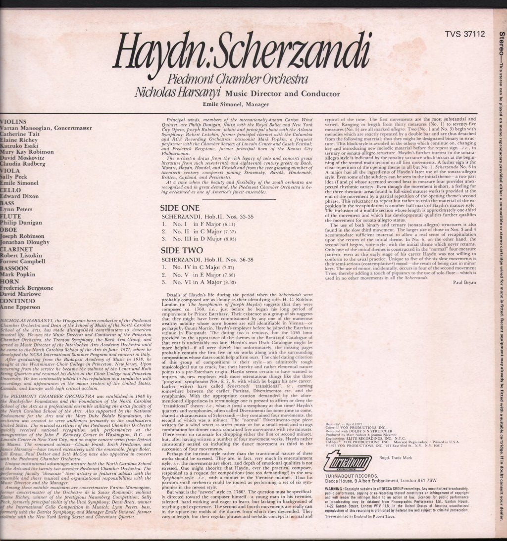 Piedmont Chamber Orchestra / Nicholas Harsanyi - Haydn - Scherzandi - Lp