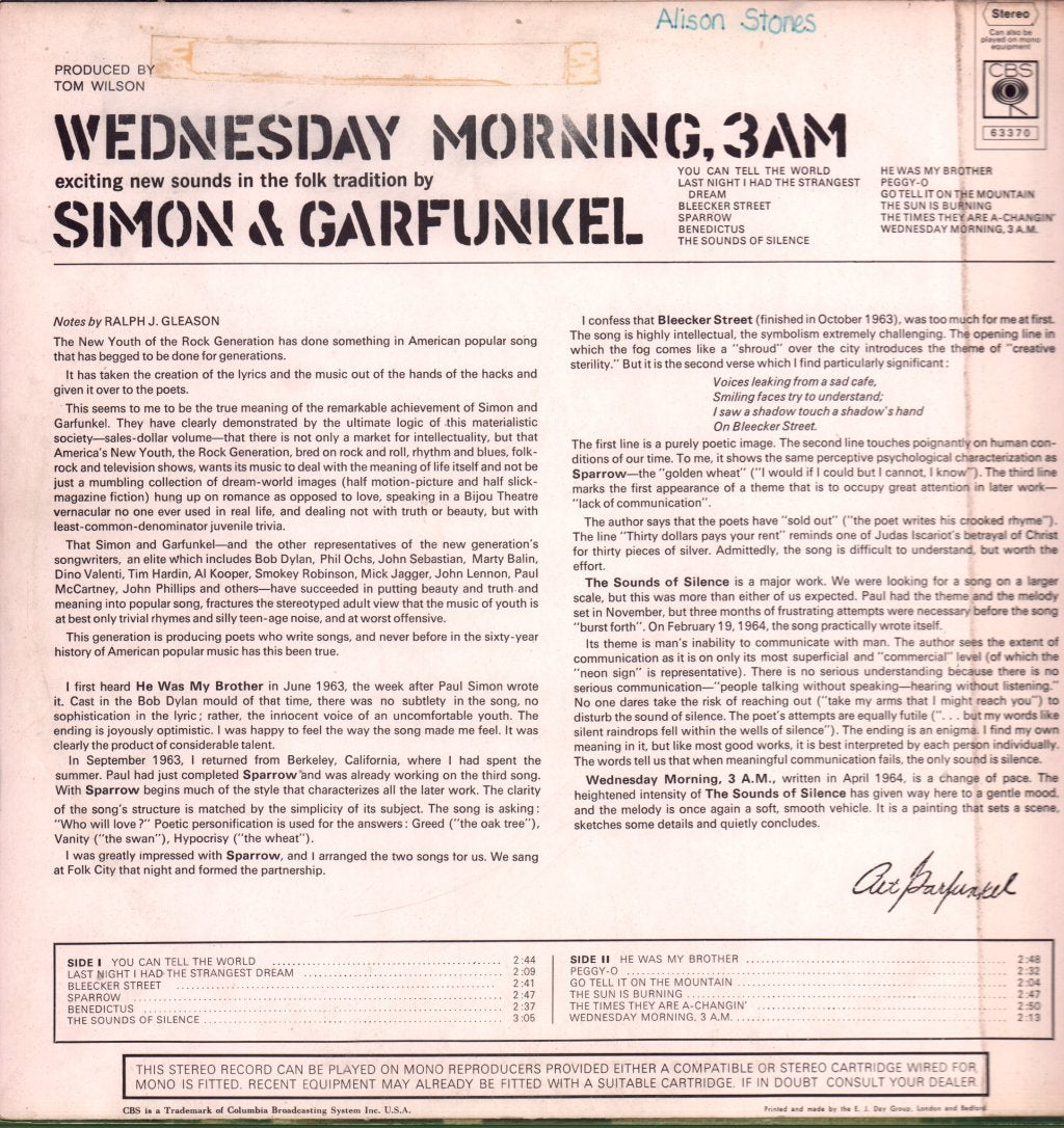 Simon And Garfunkel - Wednesday Morning 3Am - Lp