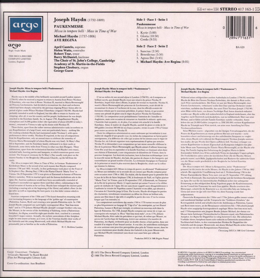 April Cantelo / Helen Watts / Robert Tear / Academy Of St. Martin-in-the-Fields / Choir Of St. John's College, Cambridge / George Guest - Joseph Haydn - Paukenmesse - Lp