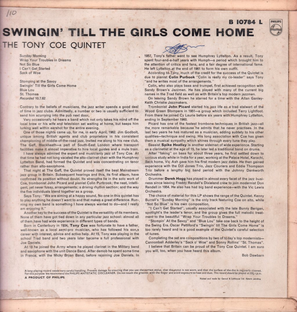 Tony Coe Quintet - Swingin' Till The Girls Come Home - Lp