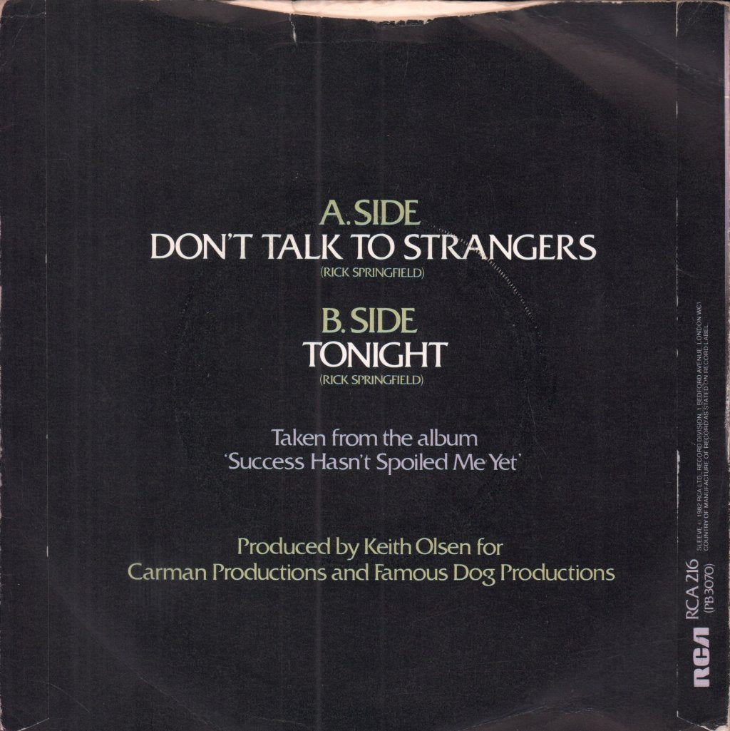 Rick Springfield - Don't Talk To Strangers - 7 Inch