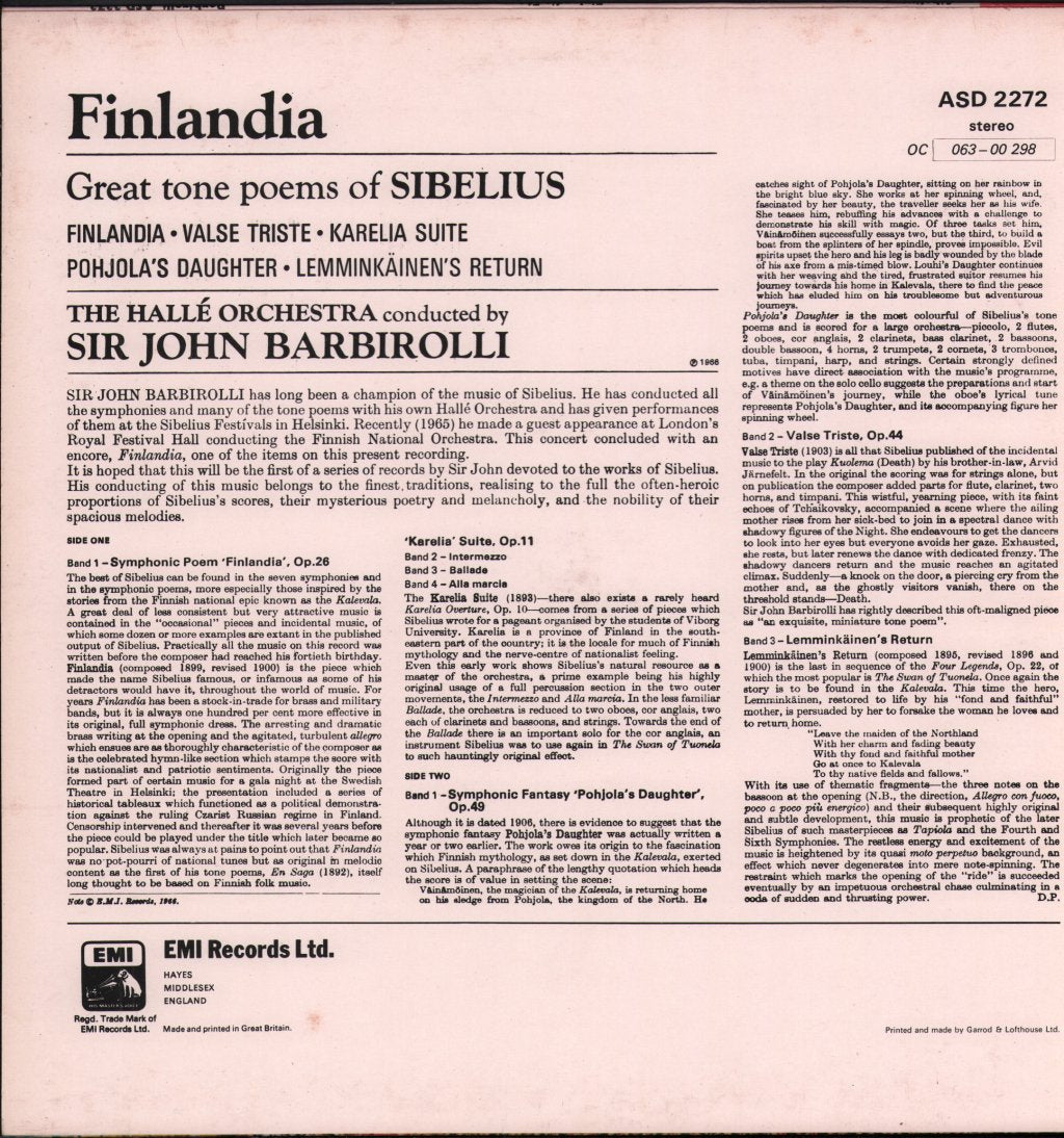 Sir John Barbirolli / Halle Orchestra - Sibelius - Finlandia - Lp