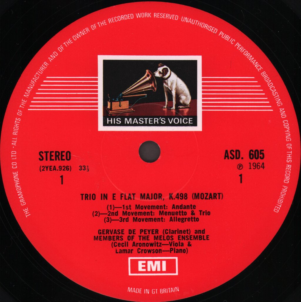 Gervase de Peyer with members of the Melos Ensemble - Mozart - Trio In E Flat Major, K.498 / Quintet In A Major, K.581 - Lp