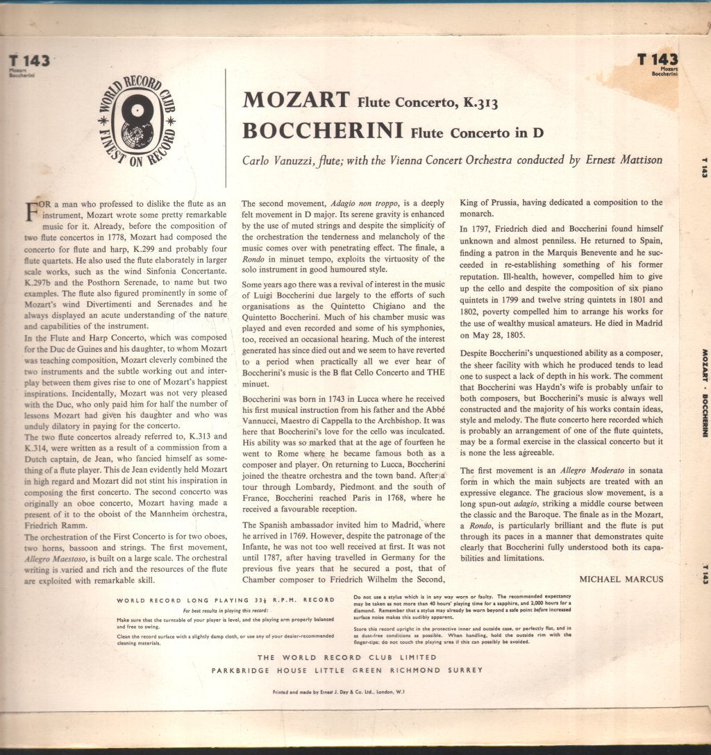 Carlo Vanuzzi / Vienna Concert Orchestra / Ernest Mattison - Mozart / Boccherini - Flute Concertos - Lp