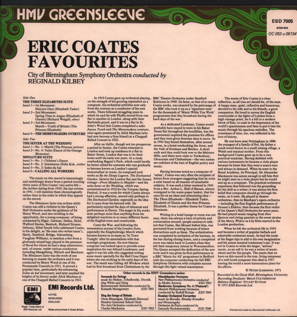 Reginald Kilbey / City Of Birmingham Symphony Orchestra - Eric Coates - Three Elizabeths - Lp