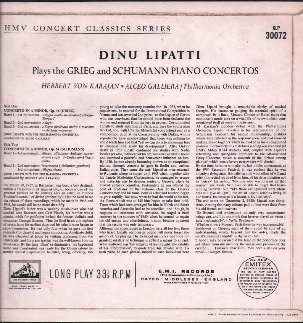 Dinu Lipatti / Philharmonia Orchestra / Herbert von Karajan / Alceo Galliera - Dinu Lipatti Plays The Grieg And Schumann Piano Concertos - Lp