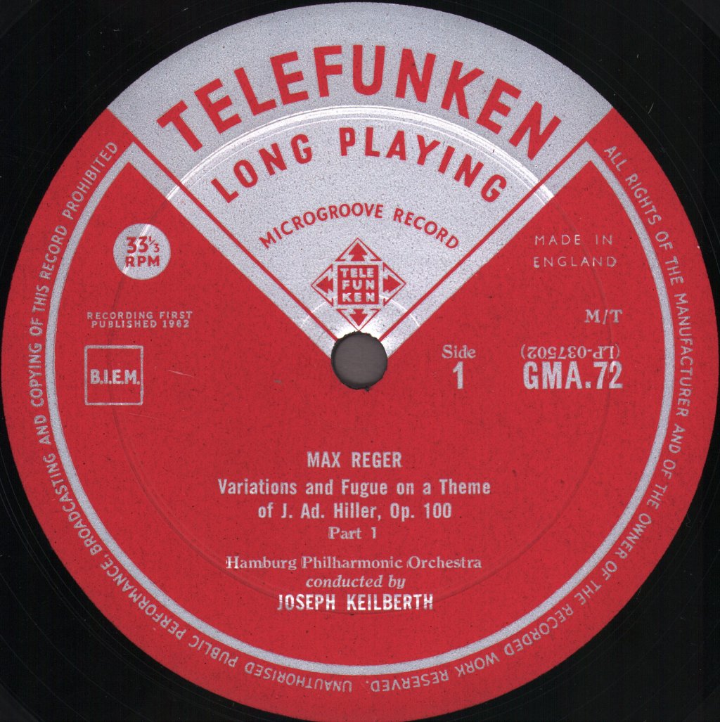 Joseph Keilbert / Hamburg Philharmonic Orchestra - Max Reger - Variations And Fugue On A Theme Of Hiller - Lp