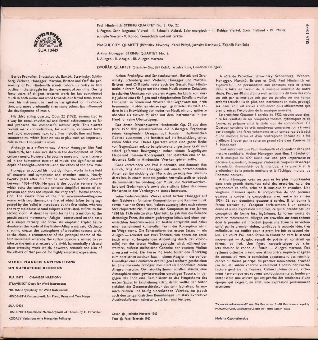 Prague City Quartet / Dvorak Quartet - Hindemith - String Quartet No. 3 / Honegger - String Quartet No. 2 - Lp