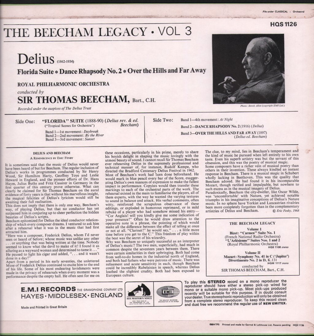 Sir Thomas Beecham / Royal Philharmonic Orchestra - Beecham Legacy Volume 3: Florida Suite / Dance Rhapsody No. 2 / Over The Hills And Far Away - Lp