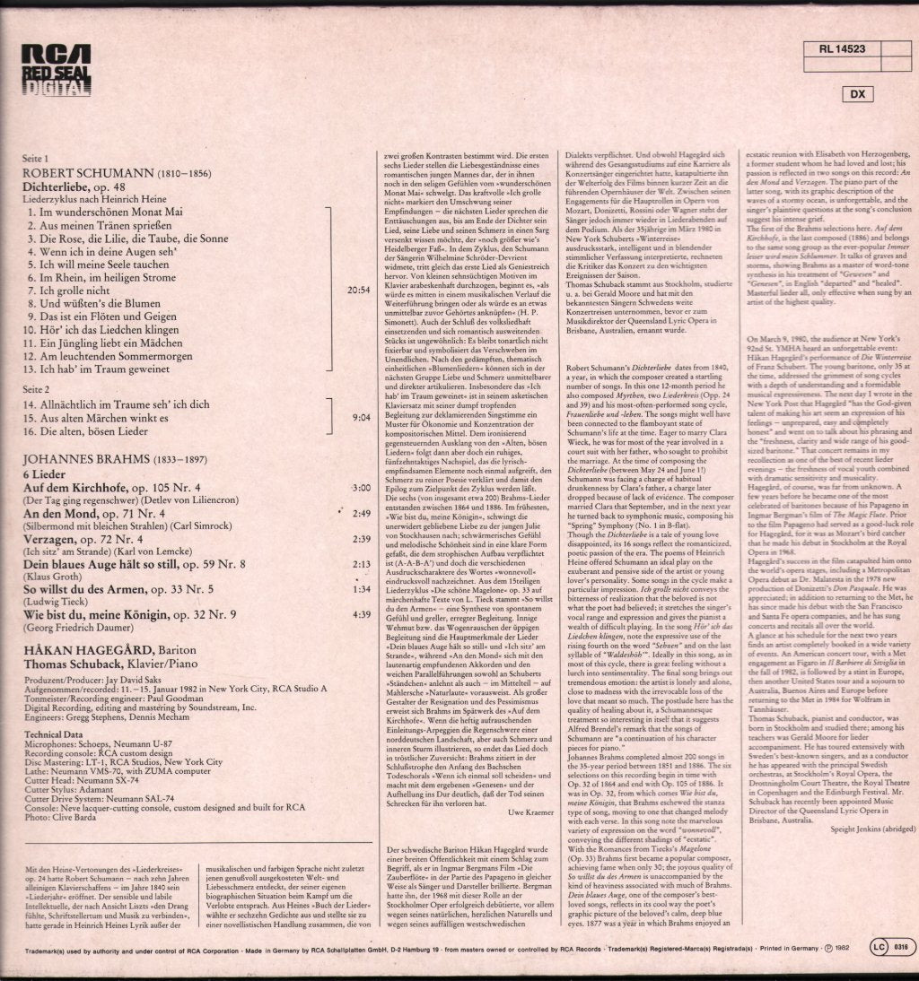 Hakan Hagegard / Thomas Schuback - Schumann - Dichterliebe / Brahms - Six Songs - Lp