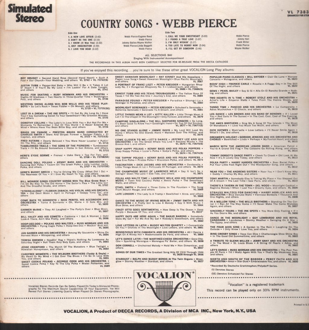 Webb Pierce - Country Songs - Lp
