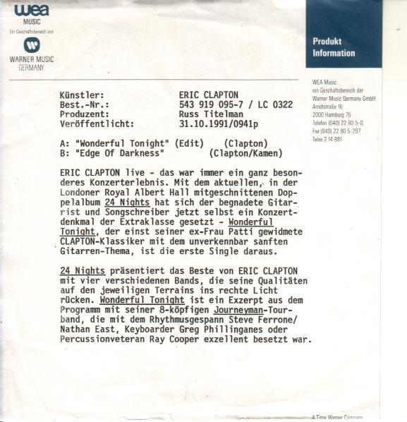 Eric Clapton - Wonderful Tonight - 7 Inch