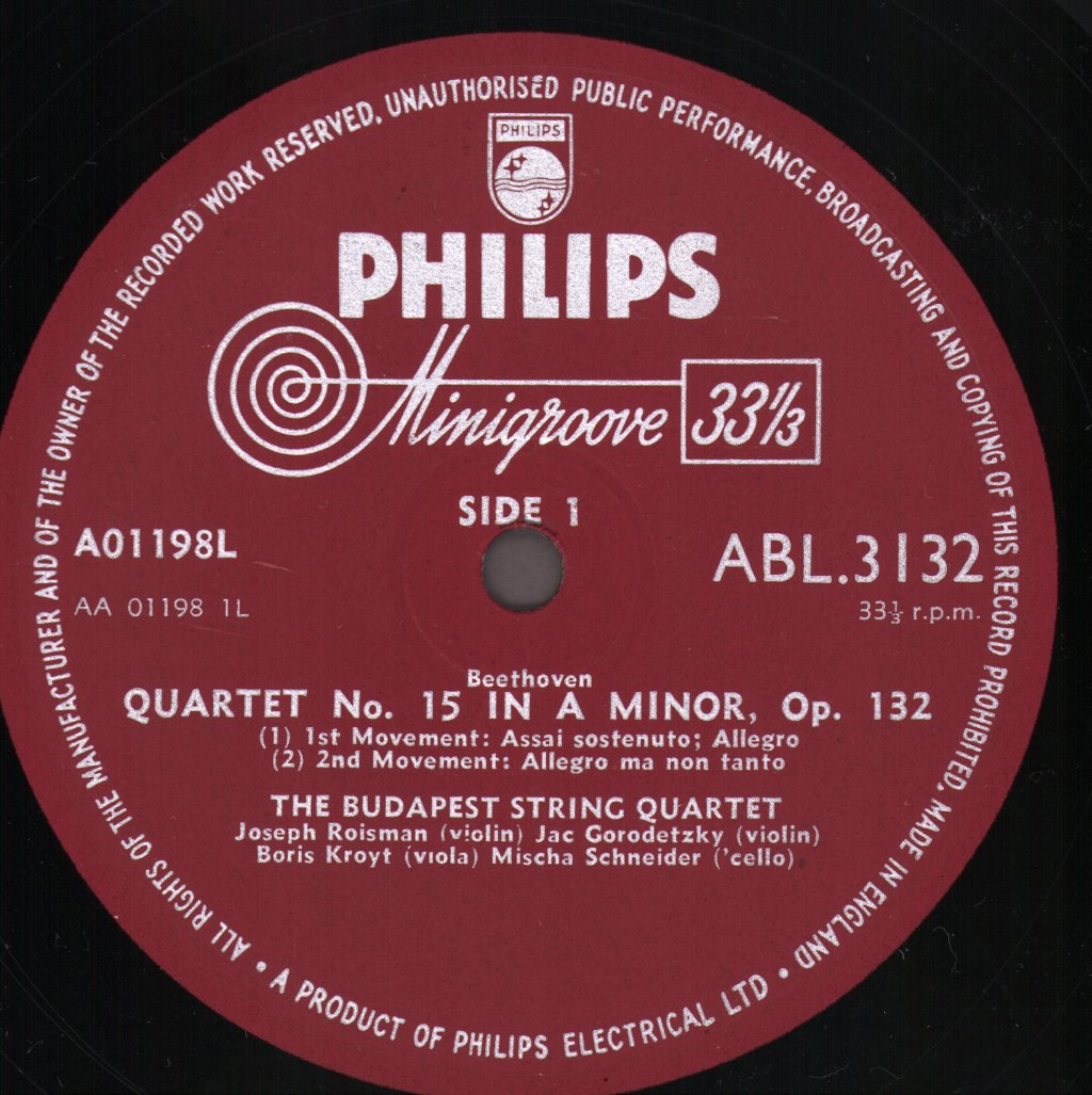 Budapest String Quartet - Beethoven - Complete String Quartets ~ Quartet No. 15 In A Minor Op. 132 - Lp